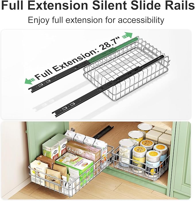 Pull out Cabinet Organizer, Stainless Steel 2-Pack (9.8"W x 16.5"D) Full-Extension Slide out Drawer, Adhesive Roll out Can Spice Storage Basket Shelf Rack for Pantry, Kitchen, Bathroom, Home Closet