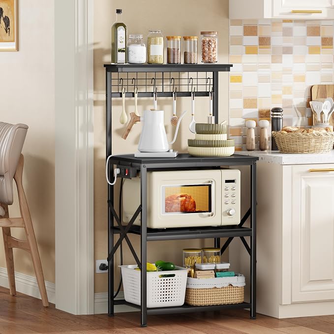 Furologee Kitchen Bakers Rack with Power Outlet, Microwave Oven Stand with Storage 4 Tiers, Coffee Bar Table with 6 S Hooks, Kitchen Storage Shelf Rack for Spices, Pots,Black