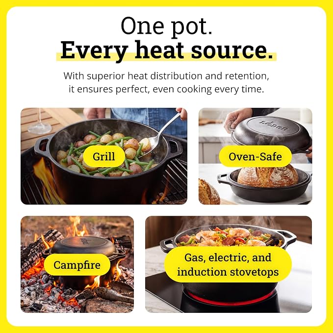Lodge Cast Iron Double Dutch Oven 5 Quart - Pre-Seasoned 2-in-1 Cast Iron Cookware - Pot & Skillet Combo - Even Heat Retention - Oven-Safe, Versatile Pot