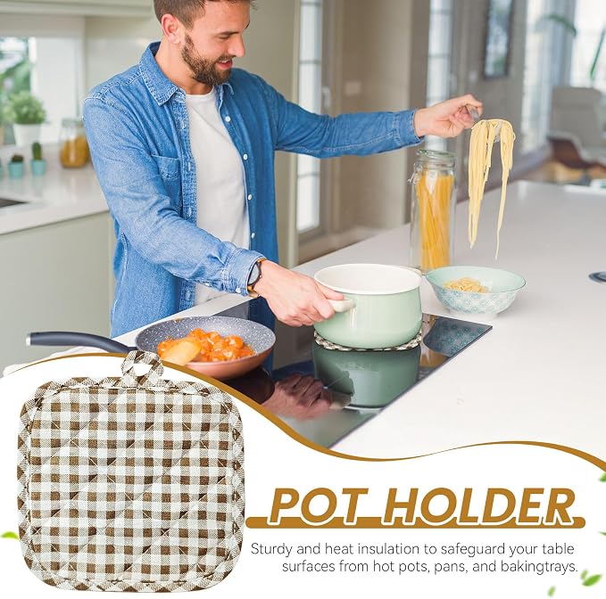 4pcs Pot Holders for Kitchen, Cotton Kitchen Hot Pads, Heat Resistant Oven Mitts and Pot Holders Sets (Khaki Plaid,6)