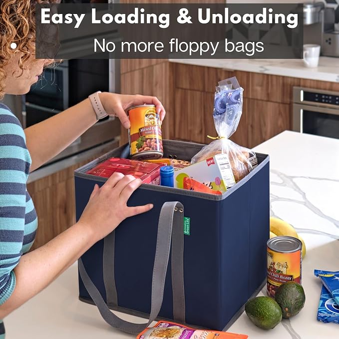 Reusable Grocery Bags (3 Pack) – Heavy Duty Reusable Shopping Bags with Box Shape to Stand Up, Stay Open, Fold Flat – Large Tote Bags are Foldable with Long Handles & Hard Bottom (Navy Blue)