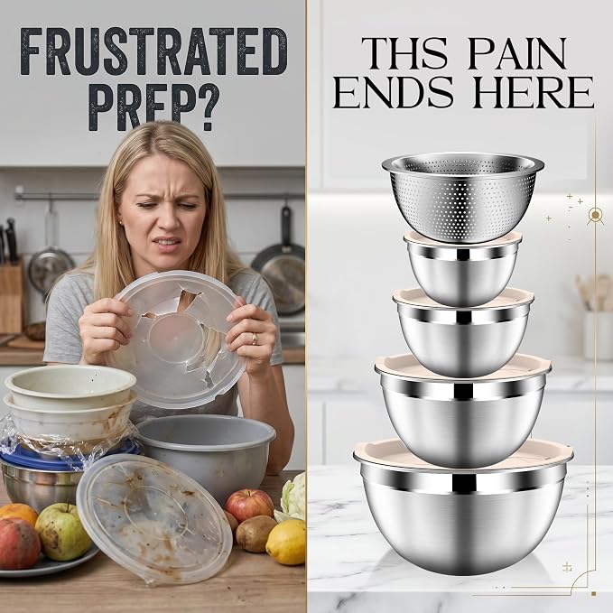 DUTZUN Stainles Steel Mixing Bowls with Lids Set, Stackable Metal Mixing & Serving Bowl with Strainer, 5-Piece - Beige