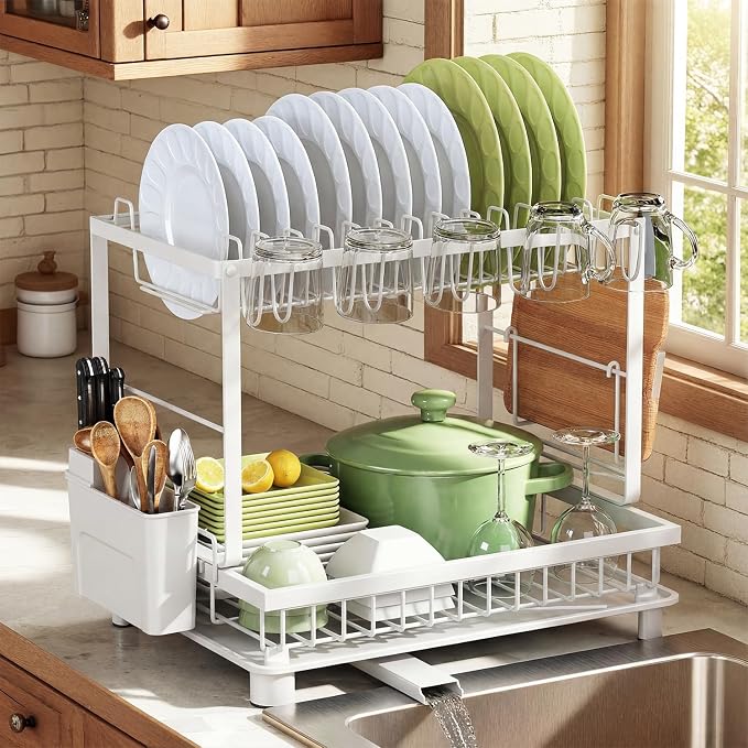 2-Tier Dish Drying Rack for Kitchen Counter, Space-Saving, White | Rustproof Carbon Steel, Auto Drain Spout, Space-Saving Dish Rack with Drainboard, Utensil & Cup Holders, Countertop Organizer