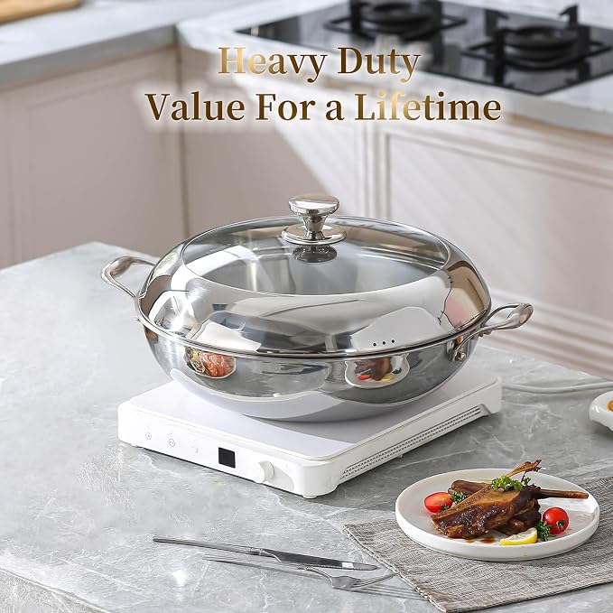 DELARLO Tri-Ply Stainless Steel Wok Pan with Lid 14inch, Healthy Non-Toxic Flat Bottom Induction Wok, Stir Fry Pan for Glass Top Stove Up to 600℉(Not Including Lid