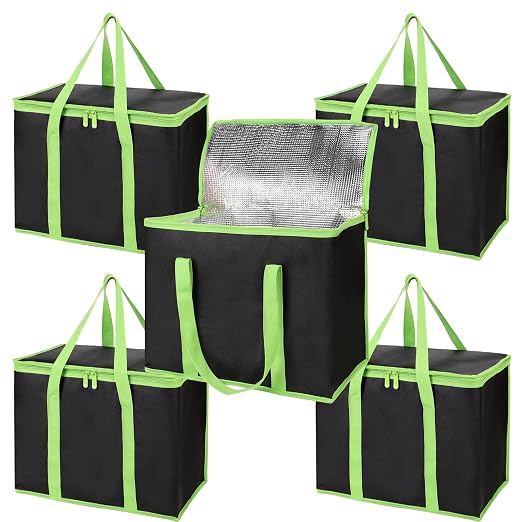 Bodaon 5-Pack Cooler Insulated Food Delivery Bag, Thermal Hot Pizza, X-Large Bags for Grocery/Catering/Shopping, Rideshare Delivery Bag, Large Cold Frozen Accessories, Black-Green Edge