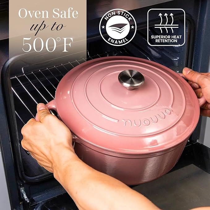Nuovva Enamelled Cast Iron Dutch Oven Pot with Lid 6.4 Quart Non Stick Casserole Pot-Heavy Duty & Oven Safe up to 500° F for Bread Baking, Braising, Stews, Roasting - 28cm Pink