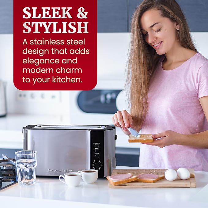 Elite Gourmet ECT3200 2-Slice Slim Toaster, Stainless Steel & Black | 1 Long Slot, 6 Toast Settings, Reheat, Defrost & Cancel, Built-In Warming Rack, Extra-Wide Slots Fit Bagels & Waffles