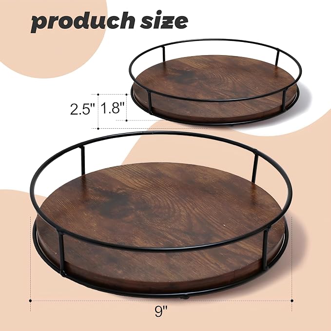 9" Rustic Brown Wood Lazy Susan,360° Decorative Turntable for Countertop
