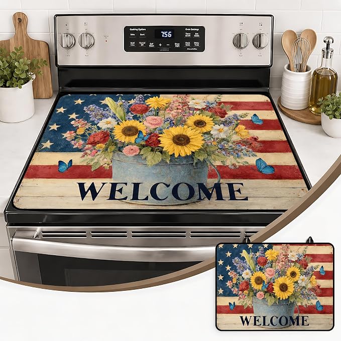 Patriotic Electric Stove Top Cover, Heat Resistant Glass Cooktop Protector for Kitchen Ceramic Countertops, Multiuse Stove Cover and Dish Drying Mat