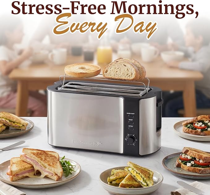 Elite Gourmet ECT-3100 4-Slice Long Slot Toaster, Stainless Steel | Extra-Wide Slots Fit Bagels, Sourdough & Texas Toast, 6 Browning Settings, Reheat, Defrost & Cancel, Built-In Warming Rack