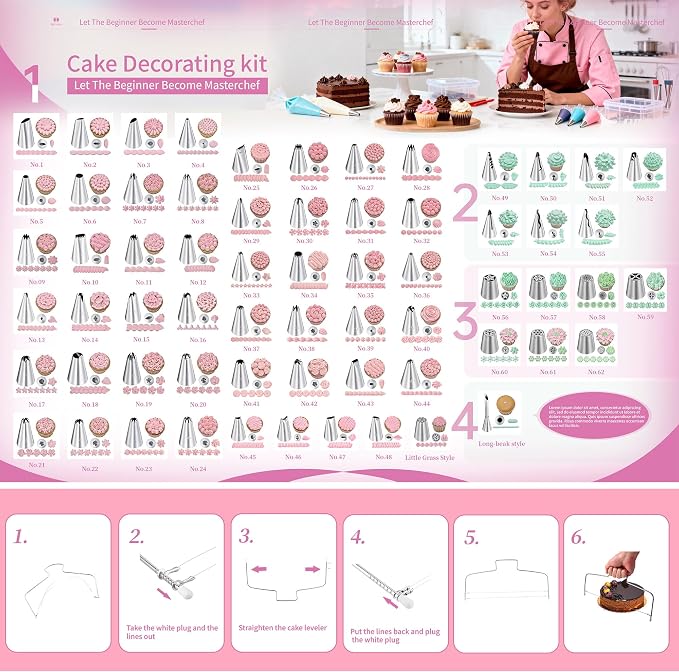 Cake Decorating Supplies Kit Set of 138pcs | 12 Inch Aluminium Cake Turntable, 64 Numbered Icing Piping Tips, 2 Spatulas, 3 Icing Comb Scraper and Leveller, Piping Bags