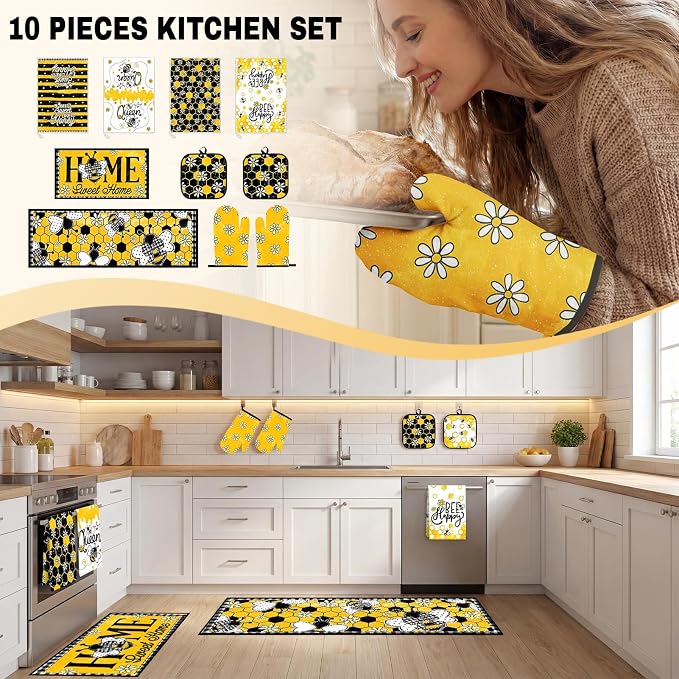 10 Pcs Kitchen Decor and Accessories Set, Bee Farmhouse | Honey Daisy Summer 4 Dish Towels Kitchen Rugs 2 Oven Mitts 2 Pot Holders, Home Decor for Cooking Baking BBQ Housewarming