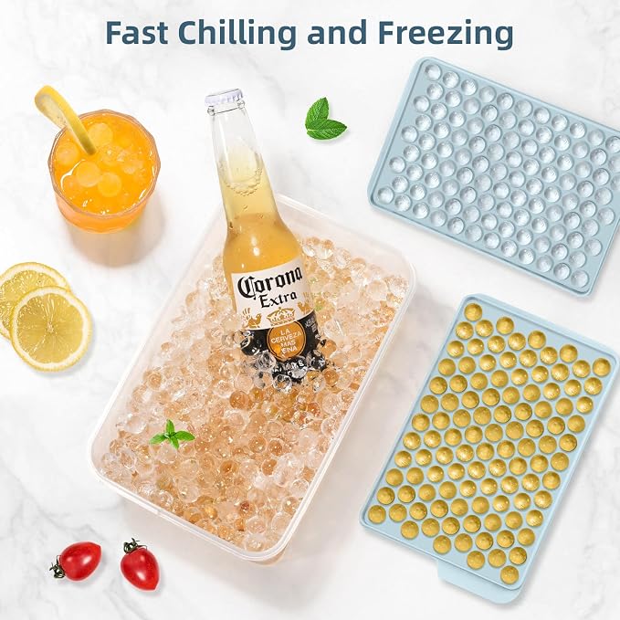 Mini Ice Cube Trays for Freezer with Lid, 0.55" Pebble Ice | 4 Trays-Blue, with Ice Box & Scoop. for Coffee, Bottle, Juice & Drinks, Easy Twist Release, Stackable