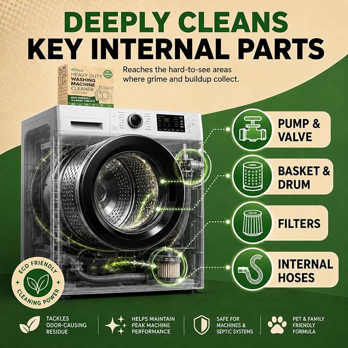 Renuv® Heavy Duty Washing Machine Cleaner & Descaler & Deodorizer Tablets | Deep Cleaning Tablets Remove Residue, Grime Buildup, Front Load or Top Load Washer, HE and Septic Safe, 6 Month Supply