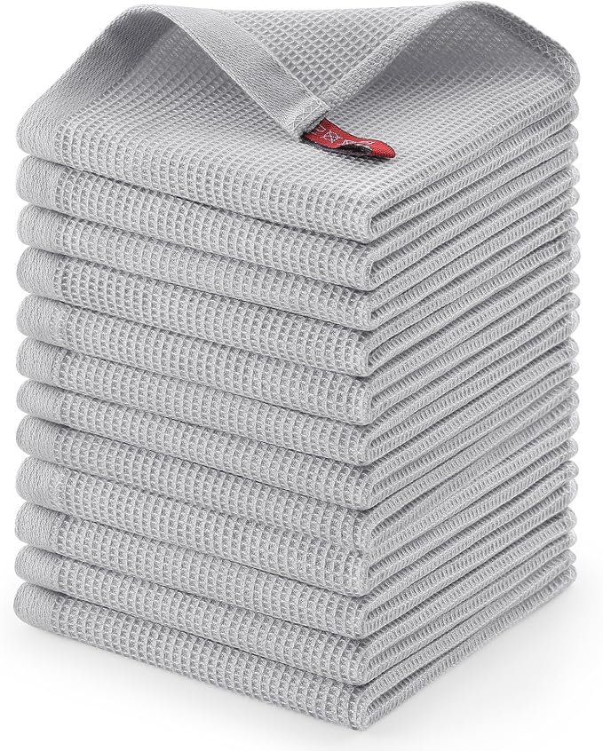 Homaxy 100% Cotton Waffle Weave Dish Cloths, 12 Pack, Light Grey | Soft and Absorbent Dish Towels, 12 x 12 Inches Quick Dry Dish Rags