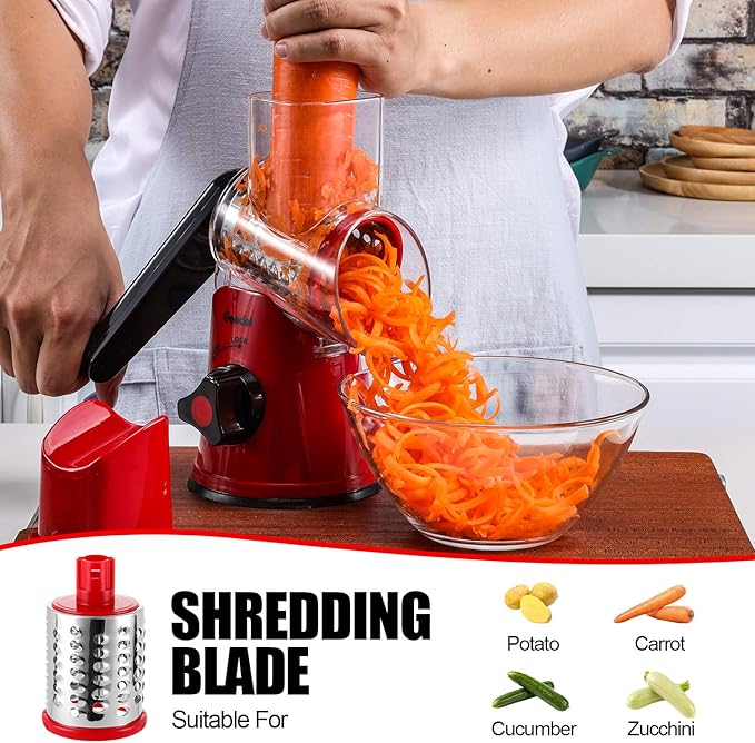 Geedel Rotary Cheese Grater Hand Crank, Cheese Shredder Vegetable Slicer | 3 Blades, 430 Stainless Steel, 12x Fast Cutting, Strong Suction Base, No BPA, Dishwasher Safe, for Cheese, Veggie, Nut