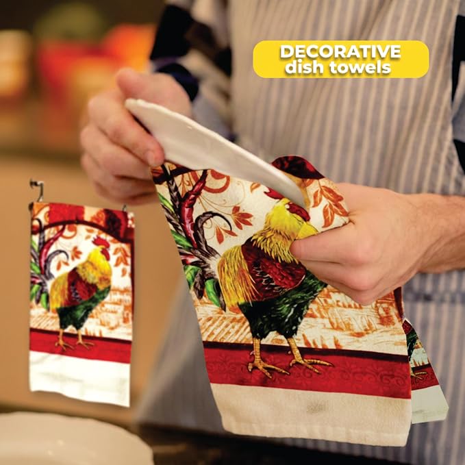 Rustic Rooster Kitchen Set – 5 Piece Set | Kitchen Towel Set with 2 Decorative Dish Towels (25 X15), 1 Oven Mitt (11 X 7) and 2 Potholders (6.5 X 6.5)