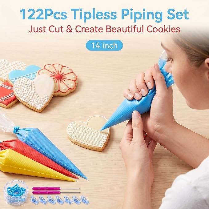 122 Pcs Piping Bags Disposable 10 Inch, Pastry Bags for Royal Icing | Tipless Icing Bags with 10 Ties, 10 Clips & 2 Scribers - Anti Burst Cake Decorating Kit for Cookie Supplies