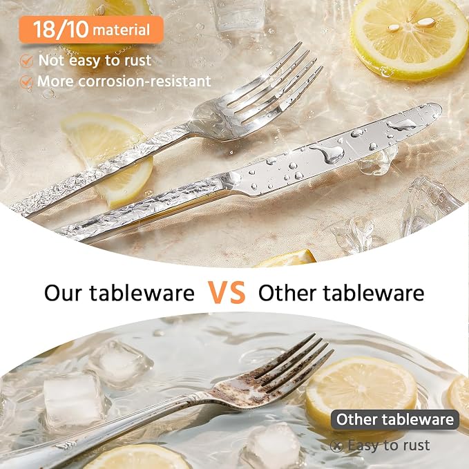 40 Pcs Hammered Silverware Set for 8, 18/10 Stainless Steel Heavy Duty Flatware Set, Tableware Cutlery Utensil Sets for Home Restaurant Dishwasher Safe