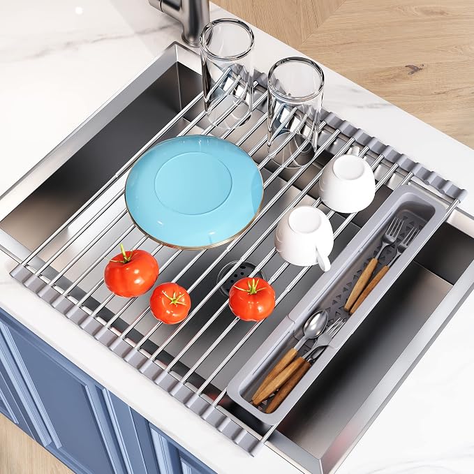 JASIWAY Roll Up Dish Drying Rack for Kitchen Sink with Utensil Holder | Foldable Expandable Stainless Steel Over Sink Dish Drainer, Silicone Wrapped, Multipurpose Portable Sink Drying Mat, Gray