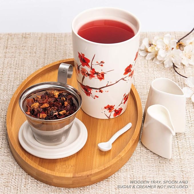 Tea Forte Double-Walled Ceramic Kati Cup, Removable Stainless Steel Infuser Basket and Lid, Steeps 12 oz Loose Leaf Tea, Dishwasher & Microwave Safe, Cherry Blossom | Insulated Ceramic - Stainless Steel Loose Leaf Infuser - Keeps Tea Hot Longer - Lid I...