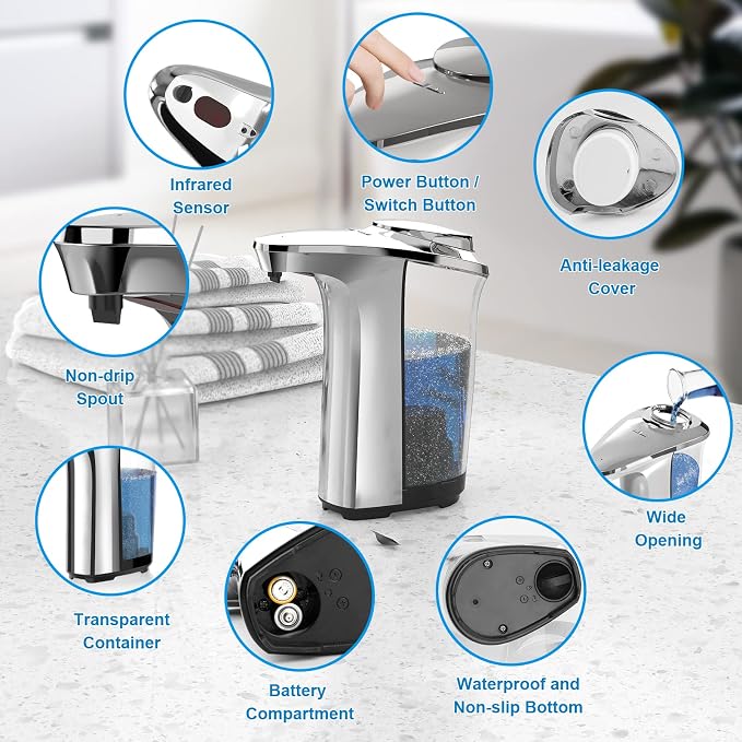 Automatic Soap Dispenser, 17oz Touchless Liquid Dish Soap Dispenser Kitchen | 500ml, Infrared Sensor, 5 Adjustable Soap Levels, Hand Dispenser for Bathroom Kitchen Sink, Battery Operated
