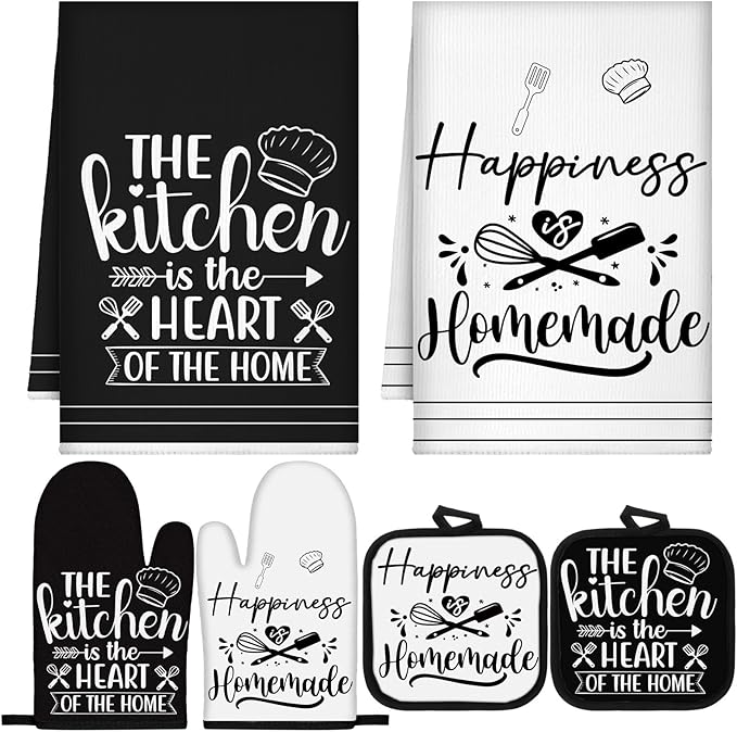 Sratte 6 Pcs Kitchen Decor Accessories Set, Kitchen, White | Farmhouse Kitchen Towels Pot Holders Oven Mitts Set 2 Dish Towels 2 Potholders 2 Cooking Mittens for Baking Cooking Supply