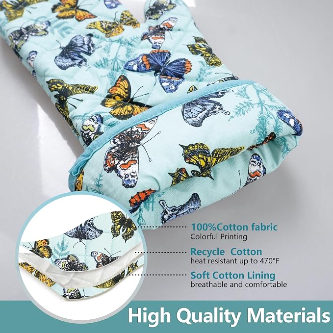 Oven Mitts Cotton Fashion Cute Butterfly Design 1 Pair | Heat Resistant Oven Gloves Safe Cooking Baking Grilling Barbecue Machine Washable Pot holders Christmas Gift (Butterfly)