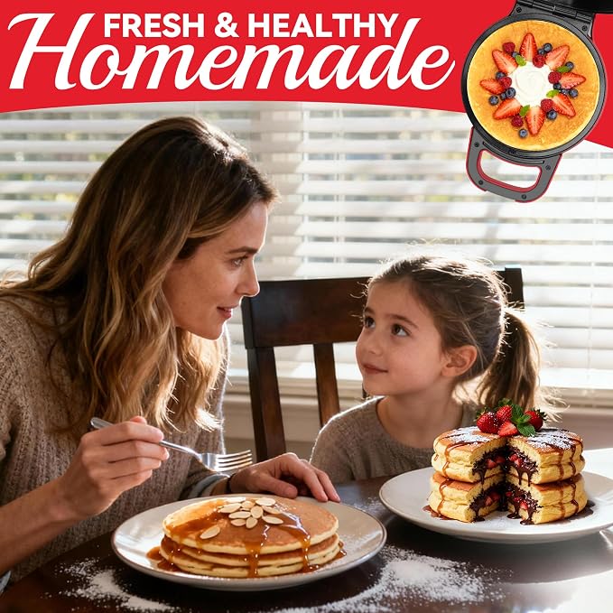 SugarWhisk Flip Pancake Maker Machine, Ceramic Coated Pancake Pan for 6.5 Inch Pancakes, Omelette, Crepe & Quesadilla, Frittata, Double Sided Omelette Pan Nonstick, Red