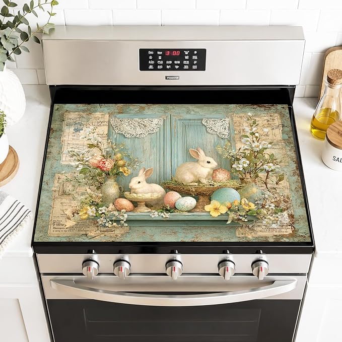 Easter Bunny Stove Top Cover 28.35x20.47 in Non Slip Mat | Heat Resistant Cooktop Protector Mat with Non-Slip Backing, Scratch Protection and Countertop Drying Mat.