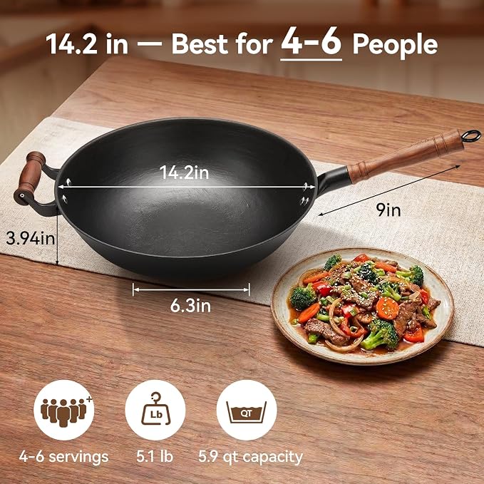 WANGYUANJI Cast Iron Wok Pan with Lid, 14.2 Inch Flat Bottom Uncoated Stir Fry Skillet, Large Heavy Duty Chinese Iron Pot for Family Cooking, Induction & Gas Safe