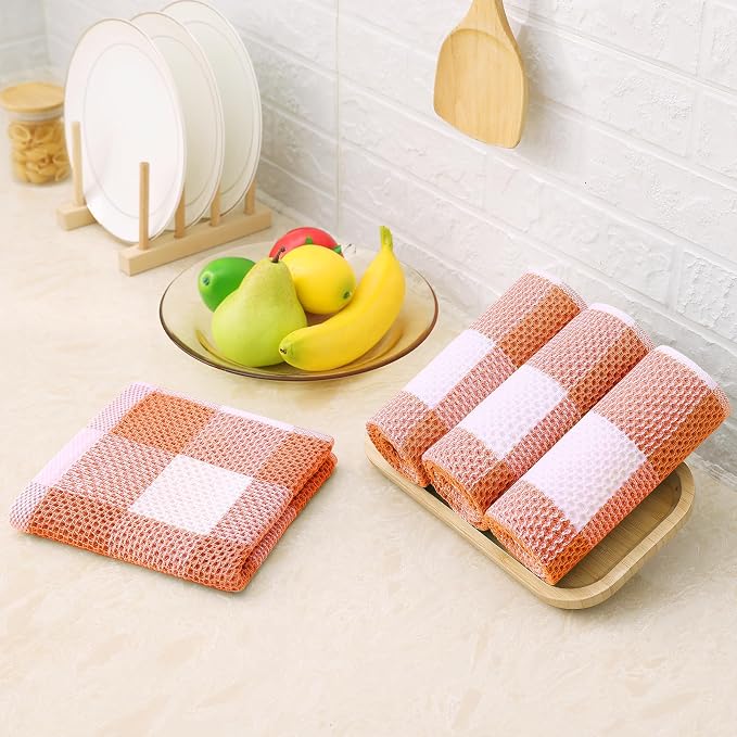 Homaxy Kitchen Towels and Dishcloths Set, Set of 8, White & Orange | Bulk Cotton Waffle Weave Check Plaid Kitchen Towels, Super Soft and Absorbent Dish Cloths, 12 x 12 and 13 x 28 Inches