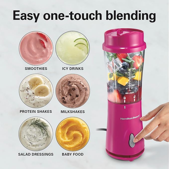 Hamilton Beach Portable Blender for Smoothies With 14 oz. Travel Jar | BPA Free Jar & Lid | Durable Stainless Steel Blades | 300 Watts Peak Power | Personal Smoothie Blender | Raspberry | 51131G