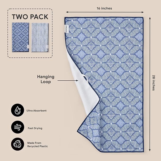 RECYCO Waffle Kitchen Towel Set of 2 - Quick Dry Microfiber Sustainable Dish Towels - Ultra Absorbent Reusable Cleaning Tea Towels - Lightweight Hand Towels,16”x 28”, Indigo Harmony