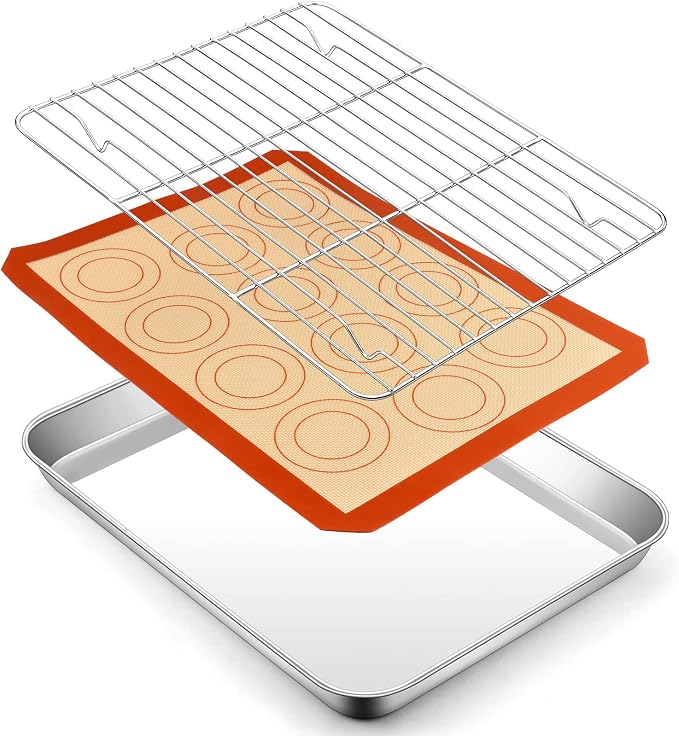 P&P CHEF 12.5 Inch Baking Sheet Pan Cooling Rack with Mat Set for Cookie | Stainless Steel Cookie Pan with Cooling Rack and Silicone Mat for Baking & Roasting, Oven & Dishwasher Safe, Easy Clean