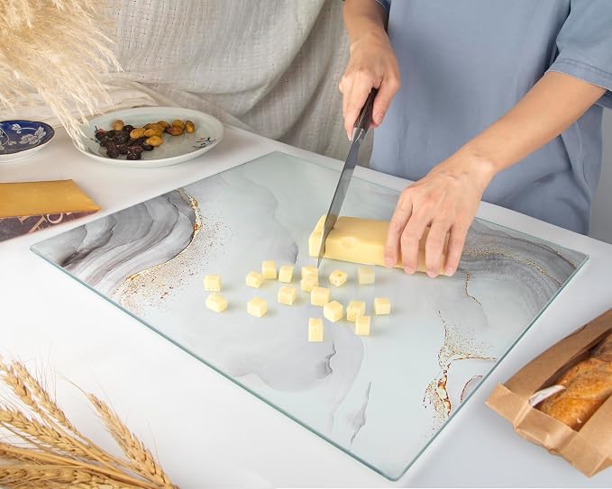 Glass Cutting Board 20”x16”: Tempered Glass Kitchen Counter Protector - Durable- Scratch-Resistant, Heat-Proof - Design 7 - White & Gold