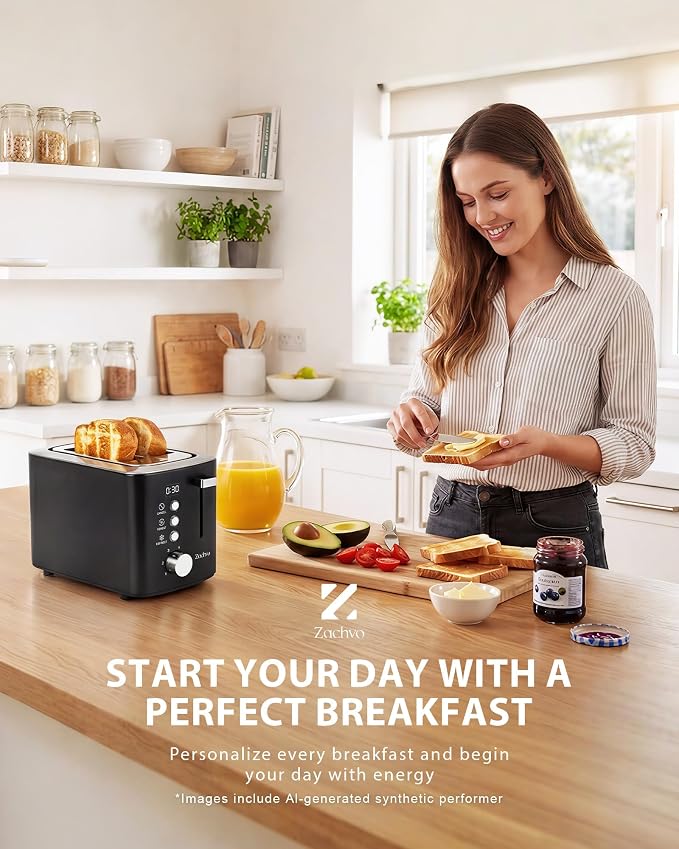 2 Slice Toaster with Countdown Timer, Wide Slots Fits Thick Bread & Bagel | 6 Browning Levels, Defrost, Reheat & Cancel, Removable Crumb Tray, Compact Design for Everyday Breakfast