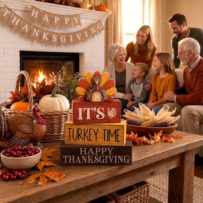 Lineshading 4 Pcs Wooden Turkey Fall Farmhouse Thanksgiving Tabletop Signs | Rustic Tiered Tray Decor, Thanksgiving Turkey Theme Block Signs, Farmhouse Home Table Centerpiece, Wooden Rustic Gift Set