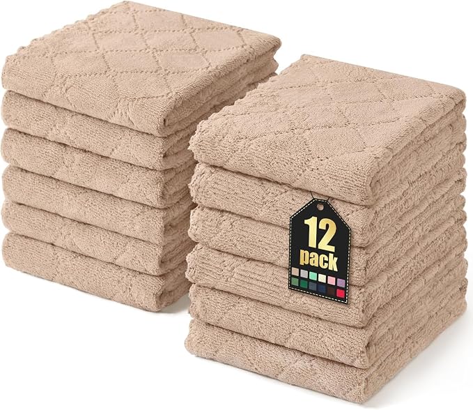 Homaxy 12 Pack Super Soft Absorbent Dish Towels, 10" x 20", Tan | Coral Velvet, Nonstick Oil Fast Drying Microfiber Cleaning Cloth, No Lint Dishcloths for washing and drying