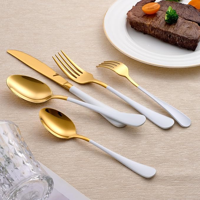 20-Piece White and Gold Silverware Set 18/0 Stainless Steel Silverware Set White Handle Cutlery Set Service for 4 Dinner Knives Forks Spoons Set Flatware Set Finish Dishwasher Safe