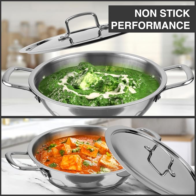 KSJONE 1-Quart Tri-Ply Stainless Steel Kadai with Lid, Less Oil Use, Healthy Cooking, Food Safe, Stay Cool Handles, Compatible with All Modern Cooktops, Oven-Safe, Dishwasher-Friendly