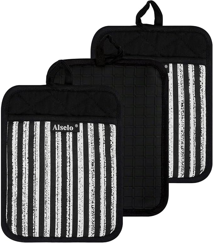 Alselo Silicone Pot Holders Set of 3 Heat Resistant & Non Slip Potholders | Professional Oven Hot Pads with Pockets Mitts for Kitchen Cooking Baking Barbecue (Black, 3)