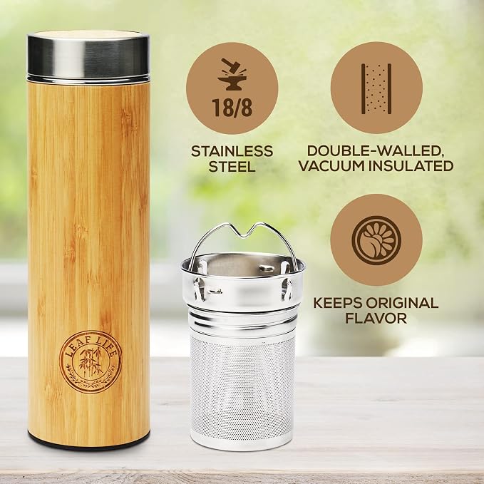 LeafLife Premium Bamboo Tea Tumbler with Infuser for Loose Leaf Tea | Insulated Coffee Bottle, Stainless Steel Gift Set, Leakproof Travel Mug, 12oz