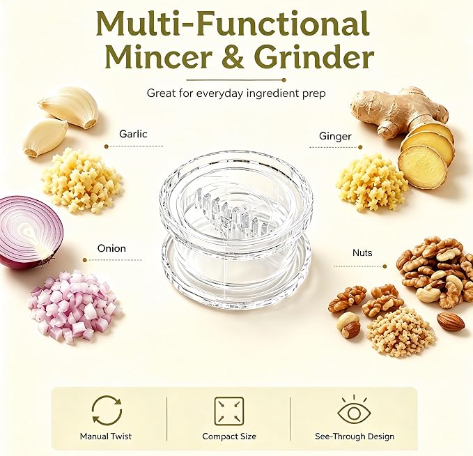 2PCS Clear Manual Garlic Twister, Garlic Crusher, Ginger & Nuts Mincer Tool | Multi-Functional Mincer & Grinder for Garlic, Onion, Ginger, Herbs, Nuts