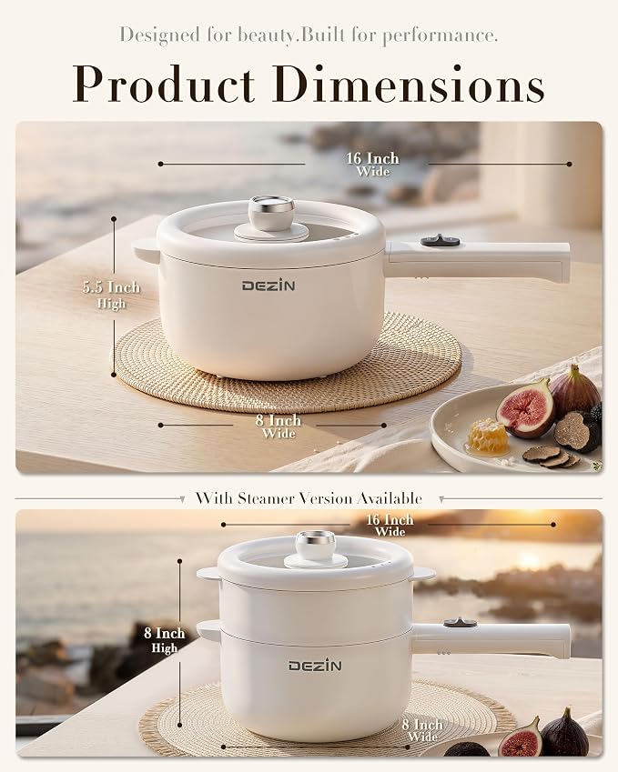 Dezin 2L Hot Pot Electric, Non-Stick Electric Pan, 700W Adjustable Power | Electric Pot for Cooking/Steak/Egg/Fried Rice/Ramen/Soup, Portable Pot for Dorm/RV/Family/Travel/Camping, Include Spatula