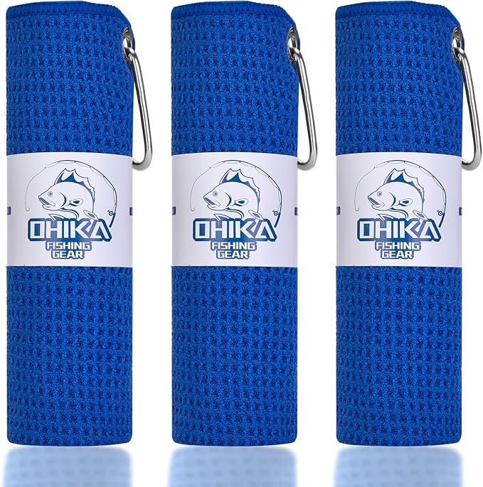 Microfiber Fishing Towels with Clip, Waffle Pattern for Effective Cleaning of Fishing Gears or Dirty Hands, 16” x 16”, Camping Towels, Hiking Towels, Pack of 3 (Blue)