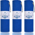 Microfiber Fishing Towels with Clip, Waffle Pattern for Effective Cleaning of Fishing Gears or Dirty Hands, 16” x 16”, Camping Towels, Hiking Towels, Pack of 3 (Blue)