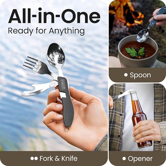 Orblue 4-in-1 Camping Eating Utensils, 2-Pack - Portable Spoon, Fork, Knife & Bottle Opener Combo Set - Stainless Steel Flatware with Detachable Fork - Travel, Backpacking Cutlery Multitool, Black