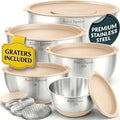 Baker's Signature Stainless Steel Mixing Bowls with Lids Set, 5 Sizes | 3 Graters, Non-Slip Base, Airtight Metal for Kitchen, Food Prep, Storage, 0.63QT-5QT, Khaki