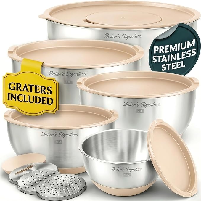 Baker's Signature Stainless Steel Mixing Bowls with Lids Set, 5 Sizes | 3 Graters, Non-Slip Base, Airtight Metal for Kitchen, Food Prep, Storage, 0.63QT-5QT, Khaki